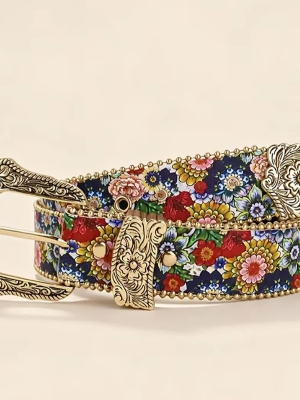 Floral Embellished Women's Belt with Antique Gold Buckle